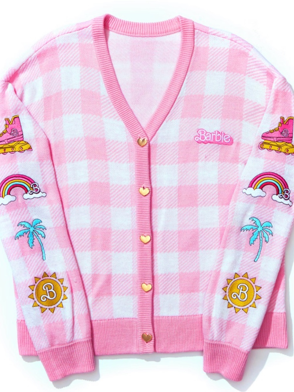 Barbie The Movie Hot Topic Pink Gingham Plaid Knit Sweater Cardigan XL